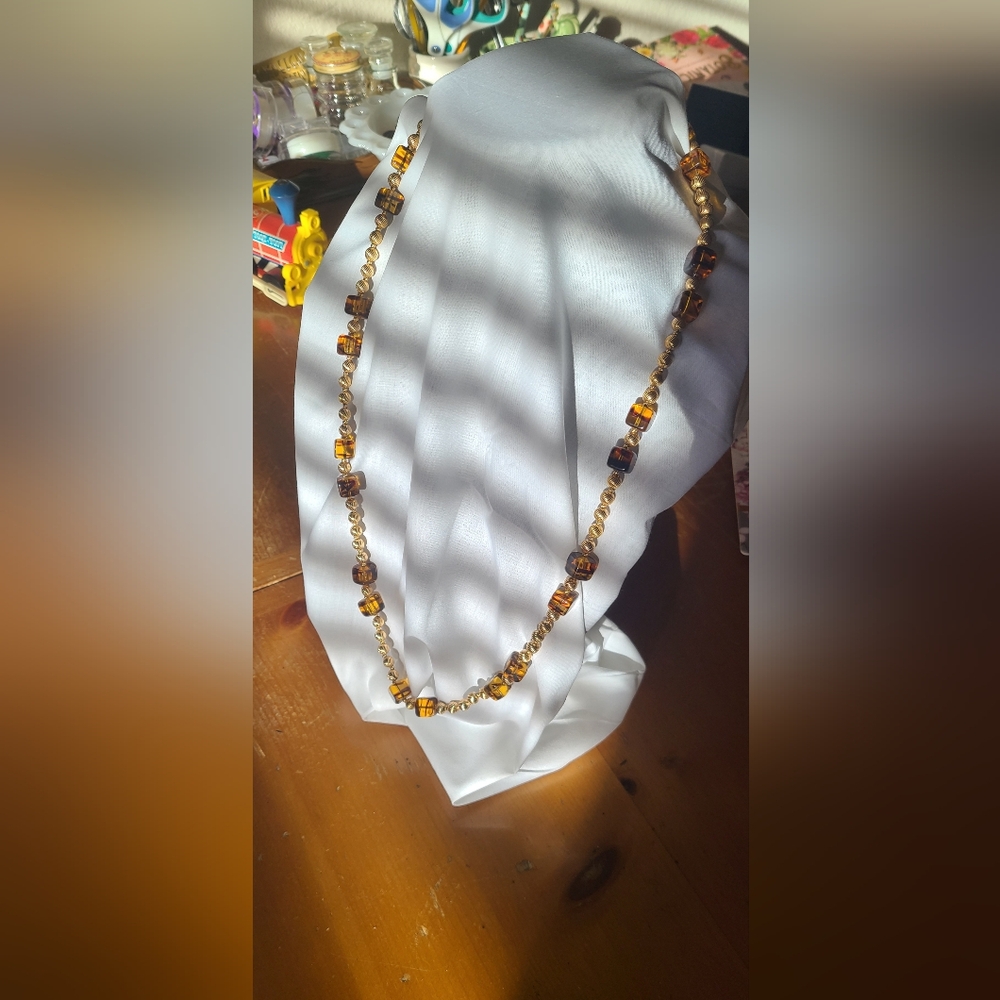 Vintage Trifari 30" necklace faux tortoise cube beads gold toned ribbed beads